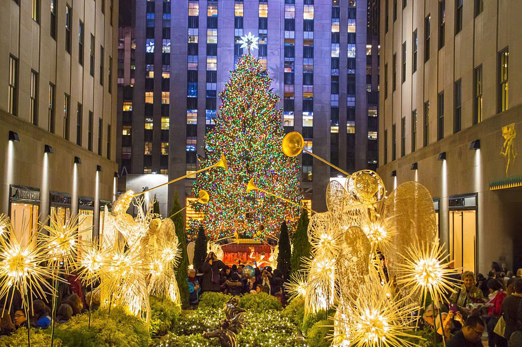 New York, NY, USA - December 5, 2013:Rockefeller Center all decorated surrounding the newly lit Christmas tree on December 5, 2013.